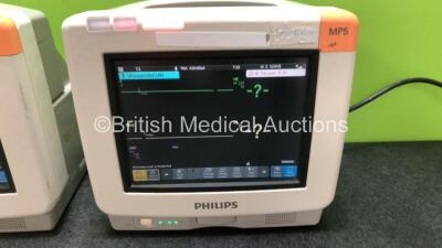 2 x Philips IntelliVue MP5 Patient Monitors Including ECG, NBP and SpO2 Options (Both Power Up, 1 x Damaged Casing - See Photos) *SN DE74808053 / de74808048* - 4