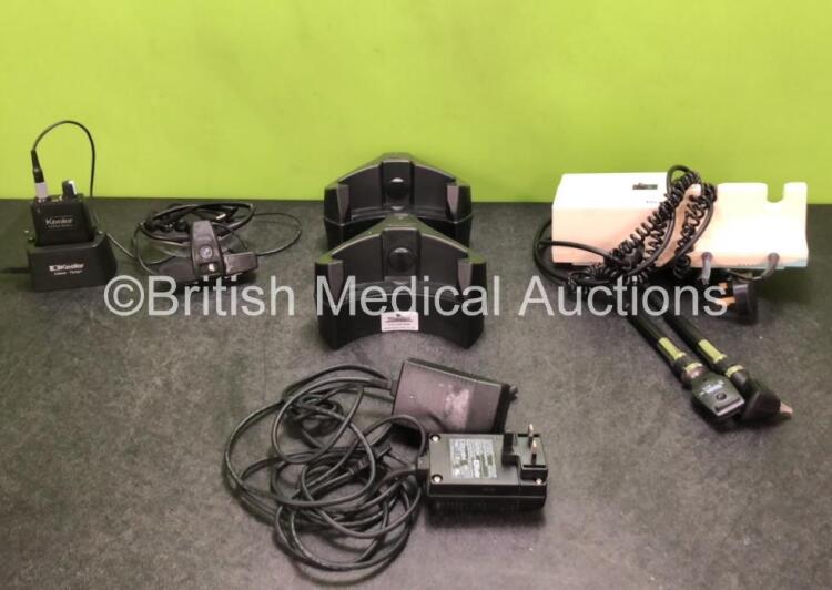 Job Lot Including 1 x Keeler Spectra Plus Indirect Ophthalmoscope with Battery and Battery Charger (Powers Up) 2 x Keeler Base Units with 2 x Power Supplies and 1 x Welch Allyn 767 Series Transformer Wall Mounted Otoscope / Ophthalmoscope with 2 x Handles