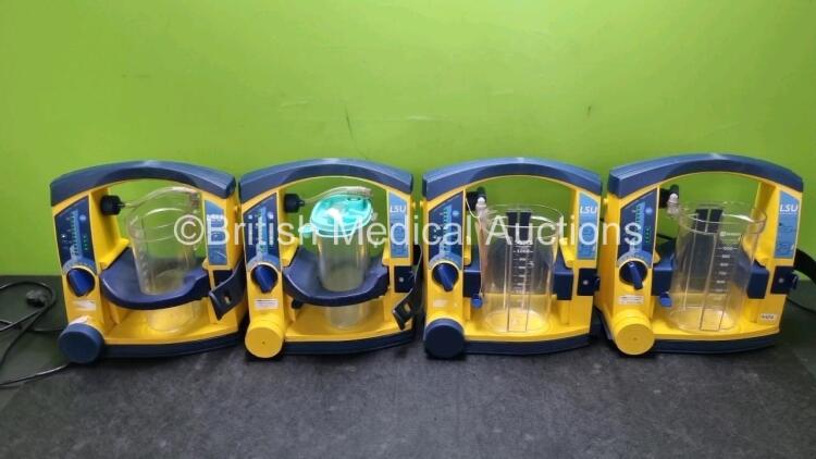 4 x LSU Laerdal Suction Units (All Power Up, 2 x with Damage to Casing) with 4 x Cups (3 x with Missing Lids) and 3 x Batteries *SN 78440965779 / 78231580046 / 78342091934 / 784514740528*