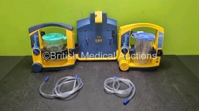 2 x LSU Laerdal Suction Units with 3 x Suction Cups and Hoses (Both Power, 1 x with Missing and Damage to Casing - See Photos) and 1 x LSU Wall Mounting Bracket (Slight Damage to Casing - See Photo)