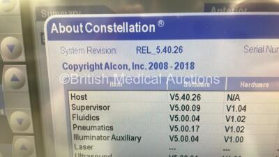 Alcon Constellation Vision System Phacoemulsification Machine Ref 8065751150 Rev R Software Revision REL_5.40.26 with 1 x Alcon Purepoint Footswitch and 1 x Alcon Constellation Footswitch (Powers Up with Key-Key Not Included) * SN 1101349801X * * Mfd Feb - 4