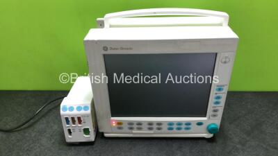 GE Datex Ohmeda F-CM1-04 Anaesthesia Monitor (Powers Up with Alarm and Then Shuts Down, Crack in Casing - See Photos) with 1 x E-PRESTN-00 Module with ECG, SpO2, NIBP, T1, T2, P1 and P2 Options *SN6346389 / 6354434*