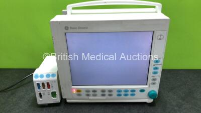 GE Datex Ohmeda F-CM1-04 Anaesthesia Monitor (Powers Up with Alarm and Then Shuts Down, Crack in Casing - See Photos) with 1 x E-PRESTN-00 Module with ECG, SpO2, NIBP, T1, T2, P1 and P2 Options *SN6346389 / 6354434* - 2