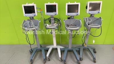 4 x Datascope Trio Patient Monitors on Stands with Selection of Cables (All Power Up - 1 x Damaged) *S/N MC19533-07 / MC19740-F7 / MC08981-F5 / MC19656-F7*