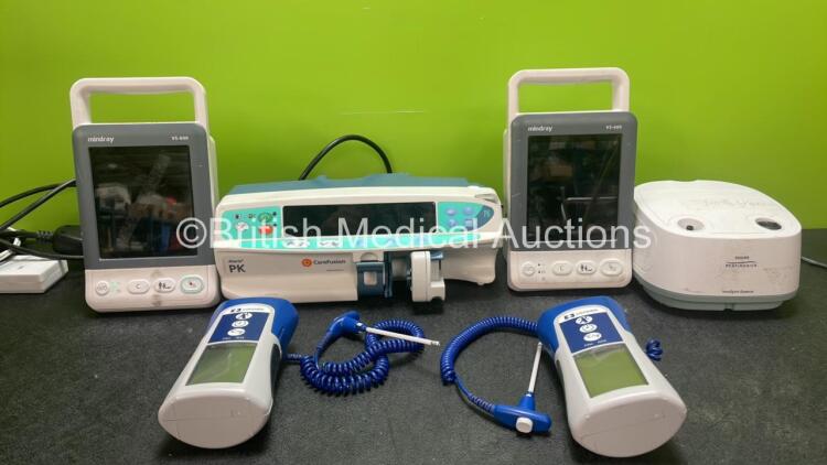 Mixed Lot Including 2 x Mindray VS-600 Patient Monitors (1 Powers Up, 1 No Power with Damage-See Photo) 1 x Alaris PK Pump (Powers Up) 2 x Covidien Filac ADA Thermometer (Both Untested Due to Possible Flat Batteries) 1 x Respironic REF 1112266 Nebulizer (