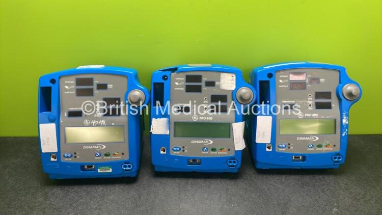 3 x GE Dinamap PRO 400 Patient Monitors (1 Damaged-See Photo) *SN 020M0399088, 020M0399092, 020M0439086*