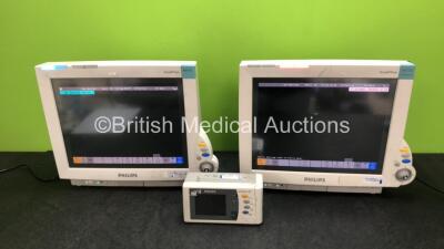 Job Lot Including 2 x IntelliVue MP70 Patient Monitors and 1 x Philips X2 Handheld Patient Monitor Including ECG, SpO2, NBP, Temp and Press Options (All Power Up with Damage to Casing - See Photos)