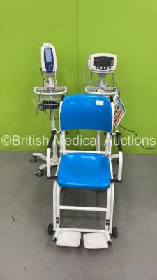 1 x Welch Allyn 53NT0 Vital Signs Monitor on Stand, 1 x Welch Allyn 420 Series Vital Signs Monitor on Stand (Both Power Up) and 1 x Marsden Wheelchair Weighing Scales