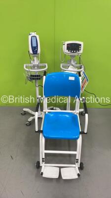 1 x Welch Allyn 53NT0 Vital Signs Monitor on Stand, 1 x Welch Allyn 420 Series Vital Signs Monitor on Stand (Both Power Up) and 1 x Marsden Wheelchair Weighing Scales - 2