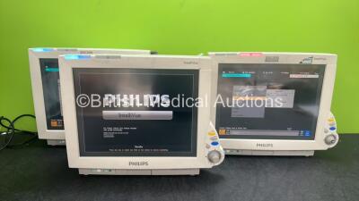 3 x Philips IntelliVue MP70 Touch Screen Patient Monitors (All Power Up, 2 with Missing Tags and Dials-See Photos) *SN DE843A8428, DE843A8357, DE843A8370*