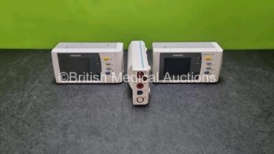 Job Lot Including 2 x Philips IntelliVue X2 Handheld Patient Monitor Including ECG, SpO2, NBP, Temp and Press Options (Both Power Up with Stock Power, Stock Power Not Included , 1 x with Damage to Casing - See Photo) and 1 x Philips M3001A Patient Module 