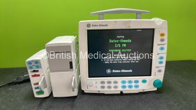 GE Datex Ohmeda S/5 FM Patient Monitor with 1 x GE E-PSMPW Module Including ECG, SpO2, T1, T2, P1, P2 and NIBP Options and 1 x GE N-FREC-00 Printer Module (Powers Up) *SN 6403280, 6870221, 6101411*