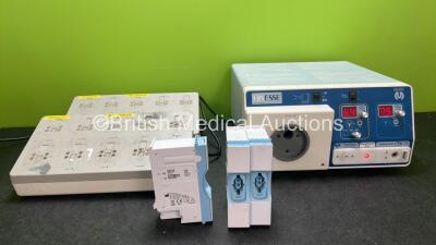 Mixed Lot Including 1 x Fines Electrosurgery Smoke Evacuation Unit (Powers Up) 1 x Welch Allyn Ref 412574 NIBP Module, 2 x Welch Allyn Ref 405672 NIBP Modules and 2 x Philips REF 865220 Battery Chargers (Both Power Up with Missing Parts-See Photos) *SN DE