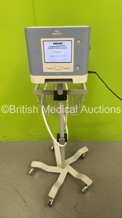 Philip Respironics Trilogy 202 Ventilator on Stand Software Version 14.2.02 - Running Hours 3214 with Hose (Powers Up) *S/N TV013041207**