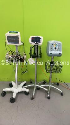 Welch Allyn ProPaq CS Patient Monitor on Stand with Selection of Leads (Powers Up), 1 x Welch Allyn 53N00 Vital Signs Monitor on Stand (Powers Up with Error - See Pictures) and 1 x Respironics Cough Assist on Stand (Powers Up) *S/N GA117779 / 009872*