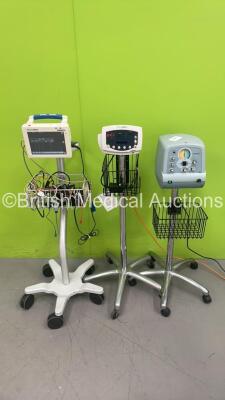 Welch Allyn ProPaq CS Patient Monitor on Stand with Selection of Leads (Powers Up), 1 x Welch Allyn 53N00 Vital Signs Monitor on Stand (Powers Up with Error - See Pictures) and 1 x Respironics Cough Assist on Stand (Powers Up) *S/N GA117779 / 009872* - 2