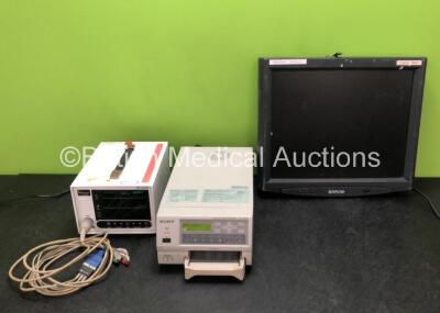 Mixed Lot Including 1 x HME DS 2010 Monitor with ECG Lead (Powers Up) 1 x Sony UP-21MD Color Video Printer (Powers Up) and 1 x Barco Monitor (Damaged Casing - See Photos)