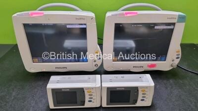 Job Lot Including 2 x Philips IntelliVue MP50 Patient Monitors (Both Power Up 1 x with Damage to Casing and Both with Scratching On Screen - See Photos ) and 2 x Philips IntelliVue X2 Handheld Patient Monitors Including ECG, SpO2, NBP, Press and Temp Opti