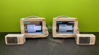 Job Lot Including 2 x Philips IntelliVue MP30 Patient Monitors and 2 x Philips IntelliVue X2 Handheld Patient Monitors Including ECG, SpO2, NBP, Press and Temp Options with 2 x Philips M4607A Batteries (All Power Up) *SN DE575R8325, DE03753282, DE728A7822