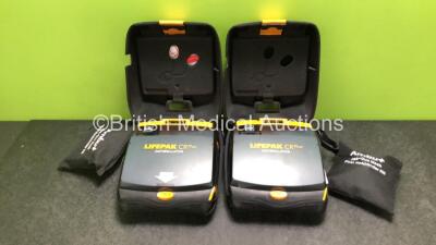 2 x Physio Control Lifepak CR Plus Defibrillators *Mfd 2016 / 2018* with 2 x Electrode Pads *Both in Date* and 2 x Res-Cue Masks in 2 x Carry Cases (Both Power Up)