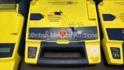 3 x Cardiac Science Powerheart AED G3 Automated External Defibrillators with 3 x Batteries (2 x Power Up, 1 x No Power, All with Damage to Casing - See Photos) - 2