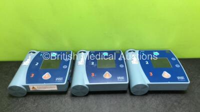 3 x Philips Heartstart FR2+ Defibrillators with 3 x Philips M3863A Batteries (2 x Power Up and Fail Self Test, 1 x No Power)