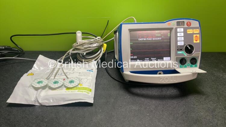 Zoll R Series Plus Defibrillator / Monitor Including Pacer, ECG and Printer Options with 1 x Zoll Sure Power II Battery, 1 x 3 Lead ECG Lead and 1 x Zoll Onestep Adult Electrode Pads *Exp 09-02-2024* (Powers Up)