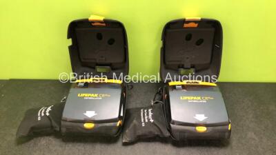 2 x Physio Control Lifepak CR Plus Defibrillators *Mfd 2016 / 2016* with 2 x Electrode Pads *Both in Date* and 2 x Res-Cue Masks in 2 x Carry Cases (Both Power Up)