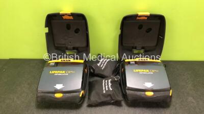 2 x Physio Control Lifepak CR Plus Defibrillators *Mfd 2016 / 2016* with 2 x Electrode Pads *Both in Date* and 2 x Res-Cue Masks in 2 x Carry Cases (Both Power Up)