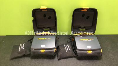 2 x Physio Control Lifepak CR Plus Defibrillators *Mfd 2016 / 2016* with 2 x Electrode Pads *Both in Date* and 2 x Res-Cue Masks in 2 x Carry Cases (Both Power Up)