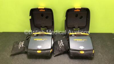 2 x Physio Control Lifepak CR Plus Defibrillators *Mfd 2016 / 2016* with 2 x Electrode Pads *Both in Date* and 2 x Res-Cue Masks in 2 x Carry Cases (Both Power Up)