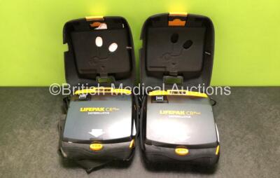 2 x Physio Control Lifepak CR Plus Defibrillators *Mfd 2016 / 2016* with 2 x Electrode Pads *1 x in Date, 1 x Expired* in 2 x Carry Cases (Both Power Up)