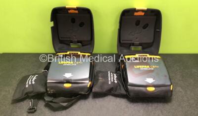 2 x Physio Control Lifepak CR Plus Defibrillators *Mfd 2016 / 2016* with 2 x Electrode Pads *Both in Date* and 2 x Res-Cue Masks in 2 x Carry Cases (Both Power Up)