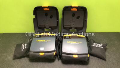 2 x Physio Control Lifepak CR Plus Defibrillators *Mfd 2016 / 2016* with 2 x Electrode Pads *1 x in Date, 1 x Expired* and 2 x Res-Cue Masks in 2 x Carry Cases (Both Power Up)