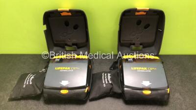 2 x Physio Control Lifepak CR Plus Defibrillators *Mfd 2016 / 2016* with 2 x Electrode Pads *Both in Date* and 2 x Res-Cue Masks in 2 x Carry Cases (Both Power Up)