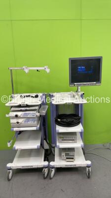 2 x Olympus Stack Trolleys with Olympus OEV191H Monitor, Olympus Evis Lucera CV-260SL Digital Processor, Olympus Evis Lucera CLV-260SL Light Source, Sony UP-21MD Colour Video Printer, Sony UP-55MD Colour Video Printer, Olympus ECS-260 Connector Cable and - 2