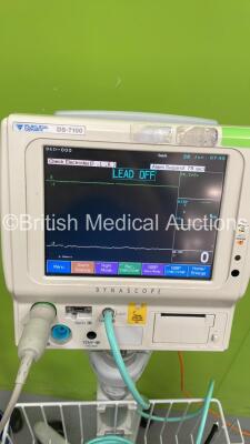 Mixed Lot Including Fukuda Denshi Dynascope DS-5100E Patient Monitor on Stand, 1 x Fukuda Denshi Dynascope DS-7100 Patient Monitor on Stand and 1 x Regulator on Stand (Both Power Up) *S/N 09070065 / 500000449* - 9