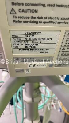 Mixed Lot Including Fukuda Denshi Dynascope DS-5100E Patient Monitor on Stand, 1 x Fukuda Denshi Dynascope DS-7100 Patient Monitor on Stand and 1 x Regulator on Stand (Both Power Up) *S/N 09070065 / 500000449* - 10