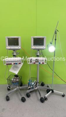 2 x Hewlett Packard Viridia 24C Patient Monitors on Stands with Module Racks and Selection of Modules and 1 x Seward Patient Examination Lamp on Stand (All Power Up) *S/N 3836A40356 / 3836A40385*