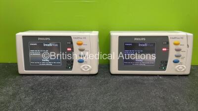 2 x Philips IntelliVue X2 Handheld Patient Monitors Including ECG, SpO2, NBP, Press and Temp Options with 2 x Batteries (Both Power Up, 1 Damaged-See Photo) *SN DE03795017, DE037C5276*