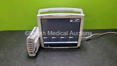 GE B450 Carescape Monitor *Mfd 2018* (Powers Up) with 1 x GE Patient Data Module *Mfd 2018* (Powers Up) Including ECG, Temp,CO, P1/P3, P2/P4, SpO2 and NIBP Options *SN SA3180605925A / SN18060072HA*