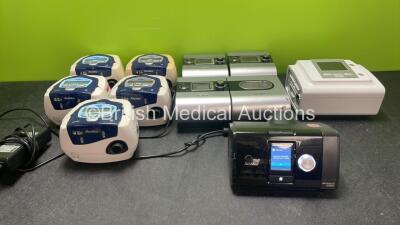 Job Lot of CPAP Units Including 1 x ResMed Airsense 10 CPAP Unit with 1 x AC Power Supply (Powers Up) 1 x Philips Respironics BiPAP A40 CPAP Unit (Untested Due to Missing Power Supply) 3 x ResMed S9 Escape Unit with 1 x H5i Humidifier Unit and 1 x AC Pow