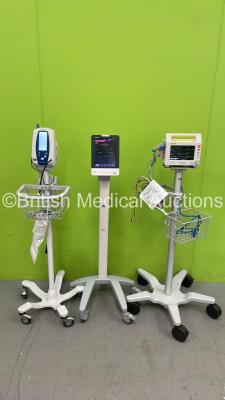 1 x Fukuda Denshi DSL-8001 Patient Monitor on Stand with Selection of Cables, 1 x Mindray VS-900 Patient Monitor on Stand (Missing Basket) and 1 x Welch Allyn SPOT Vital Signs Monitor on Stand (All Power Up) *S/N 50200370*