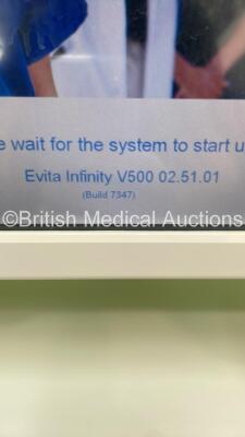 Drager Evita Infinity V500 Acute Care System Software Version V500 02.51.01 (Build 7347) Cockpit Running Hours 12256 - Ventilation Unit Running Hours 12256 with Hoses (Powers Up) *S/N ASKC-0040* - 16