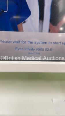 Drager Evita Infinity V500 Acute Care System Software Version V500 02.51 (Build 7320) Cockpit Running Hours 19430 - Ventilation Unit Running Hours 19435 with Hoses (Powers Up) *S/N ASHB-0136* - 3