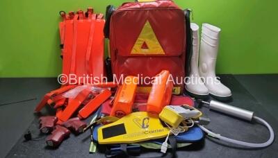 Job Lot Including 1 x Pax Emergency Red Rucksack, 2 x Head Block, 3 x EZ-10 G3 Power Drivers, Boots, Leg Splint and Straps, 1 x Hartwell Medical Combicarrier 2, and 1 x BC1 3301 SpO2 Monitor