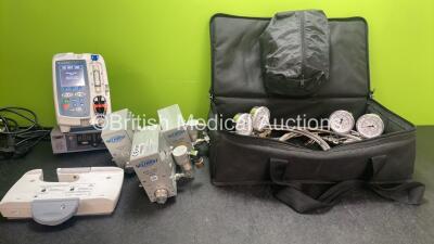 Mixed Lot Including 1 x Carefusion Alaris GP Plus Pump (Powers Up with Fault) 1 x Nellcor N-560 Pulse Oximeter (No Power) 3 x Sechrist Air-Oxygen Mixers, 1 x M1043105 Patient Monitor Mount, 1 x Galil Medical Regulator Set in Carry Bag