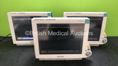 3 x Philips IntelliVue MP70 Touch Screen Patient Monitors (All Power Up) *SN DE52031654 / DE52031665 / DE73173445*