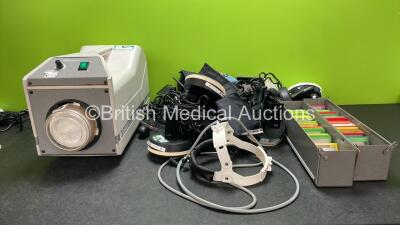 Mixed Lot Including 1 x Sharplan 100 X Plume Smoke Evacuation Unit with Filter (Powers Up) 1 x Unknown Model Headlight with Fibre Optic Cable, 6 x BP Cuffs and Visual Slide Set (Incomplete) *SN XP2959R*