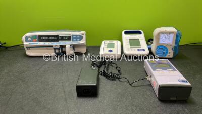 Mixed Lot Including 1 x Cardinal Health Alaris CC Pump (Powers Up with Service Message) 1 x Nellcor N-85 Portable Bedside Capnograph Pulse Oximeter (Powers Up) 1 x Omron HBP-1320 BP Meter (Untested Due to Possible Flat Batteries) 1 x Omron M2 Digital BP M